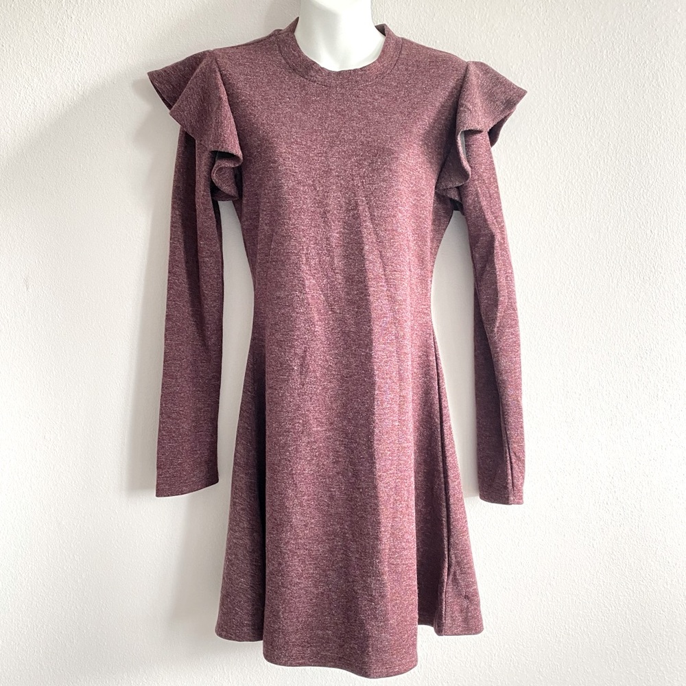 Free Generation Warm Ruffle Long Sleeve Shimmer A-line Burgundy Mini Dress NWT